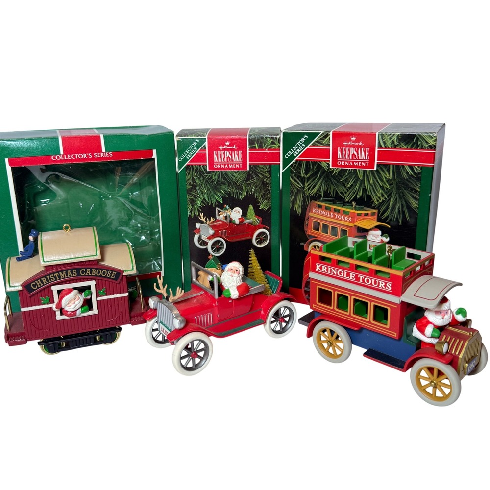 Vintage Hallmark Keepsake Here Comes Santa Ornament Lot 1987 1991 1992 Bus Car